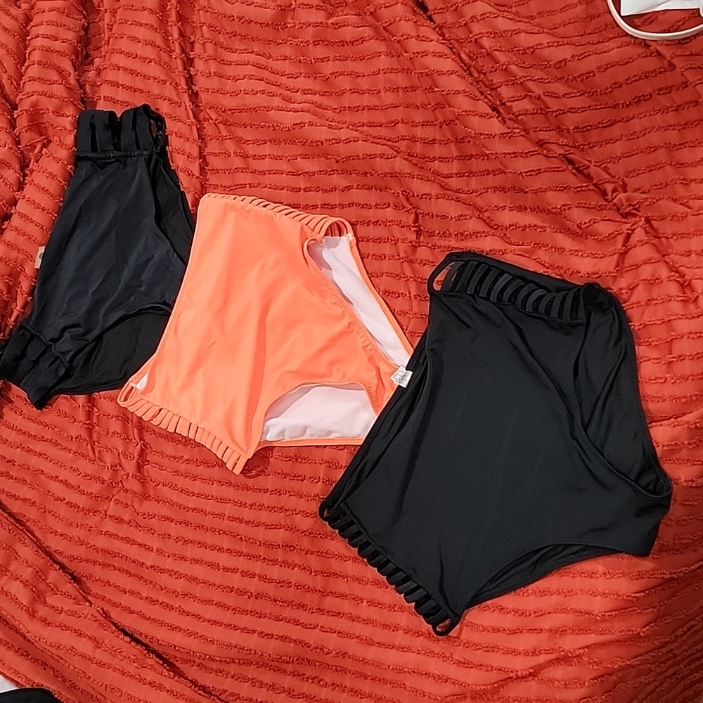 High-Waist Strappy Side Bikini Bottoms - Black & Coral